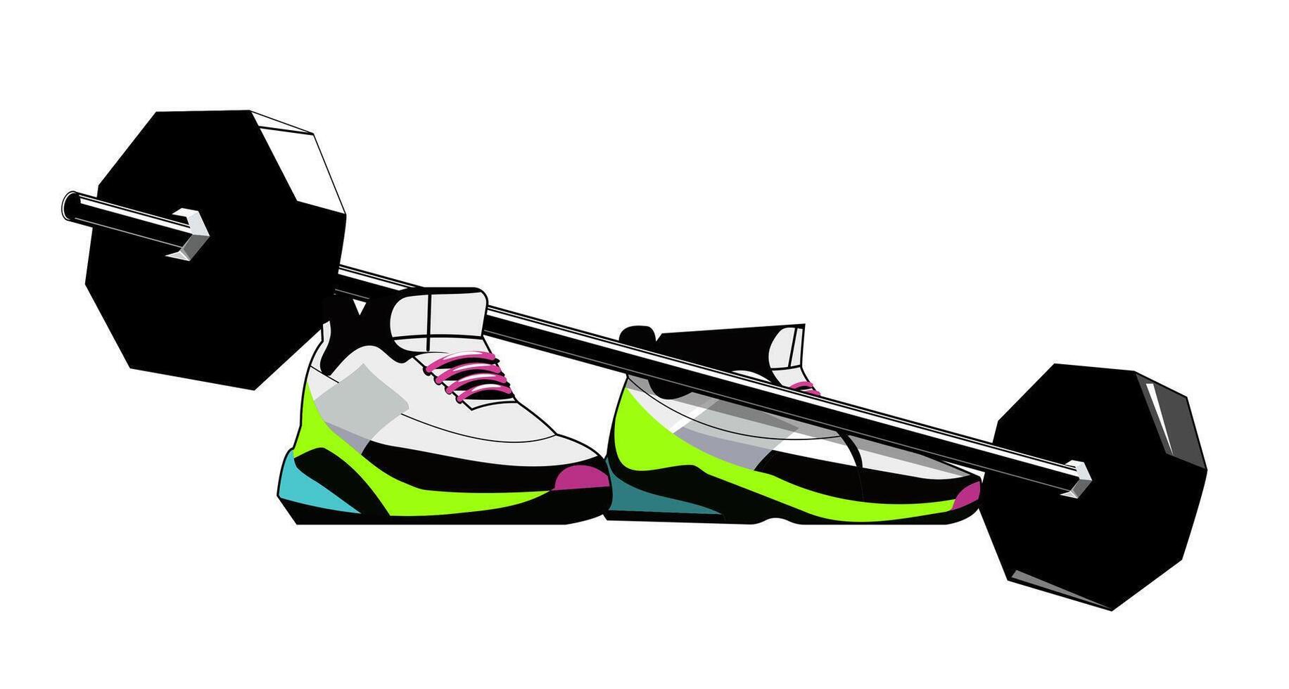 Sports equipment with a row of sneakers and a barbell. vector