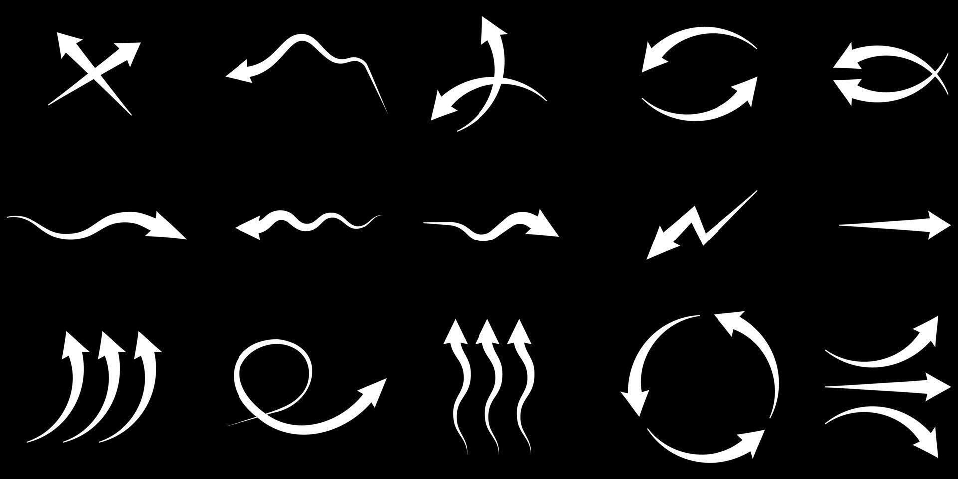 Set of white arrows showing flow direction, isolated on transparent background. vector