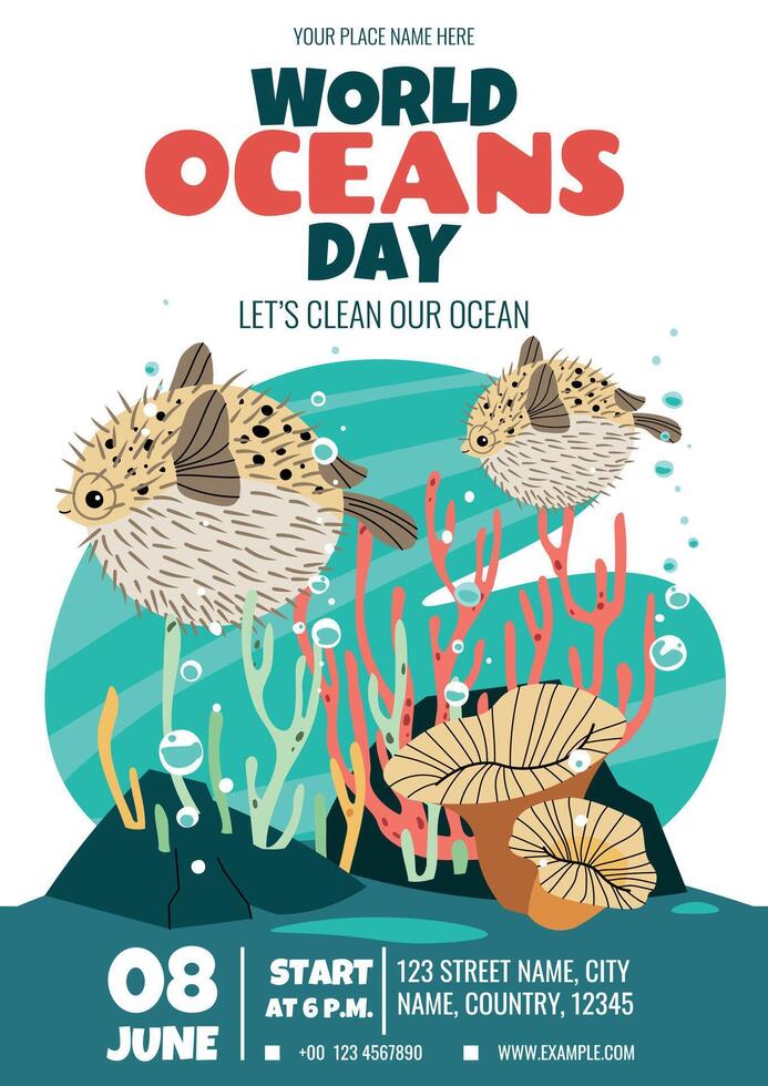 World Oceans Day Flyer. Vibrant Pufferfish and Coral Reef Invitation Design. Perfect for Beach Cleanups, Eco Parties and Ocean Conservation Events. Editable Template. vector