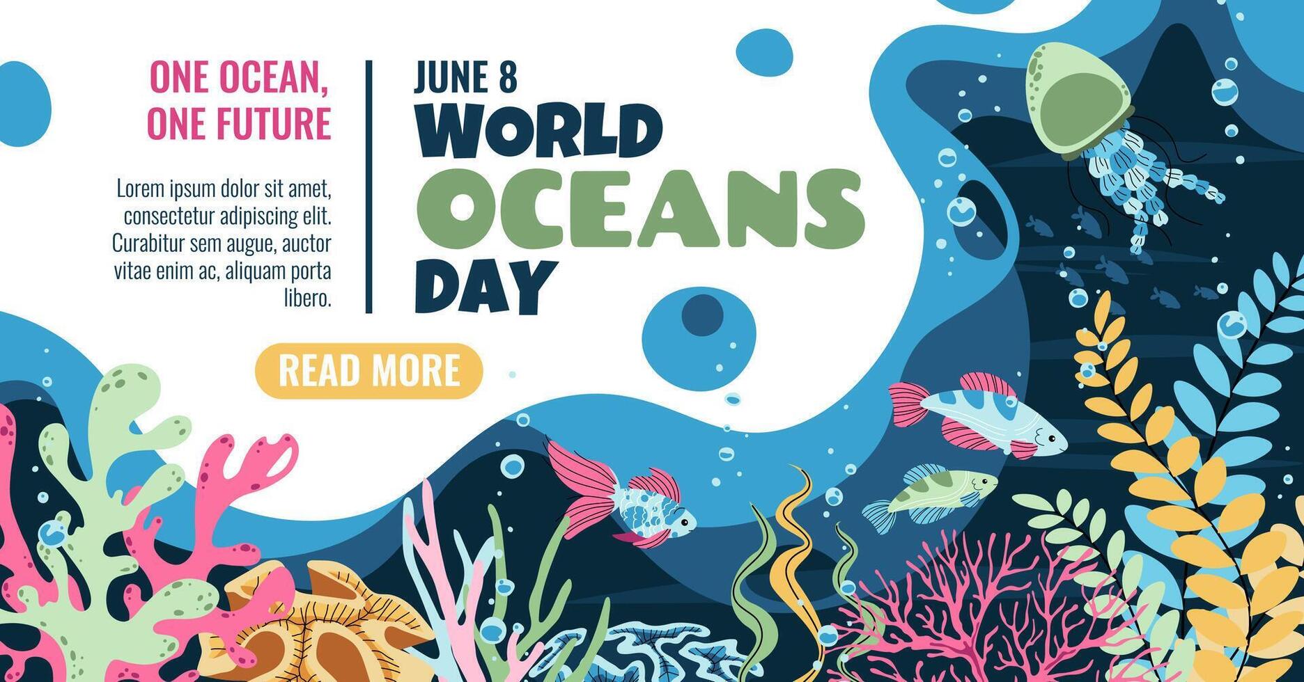 World Oceans Day Horizontal Banner. Flat Design Coral Reef with Tropical Fish and Jellyfish. Marine Life Illustration for Ocean Conservation and Eco Awareness. Vibrant Art. vector