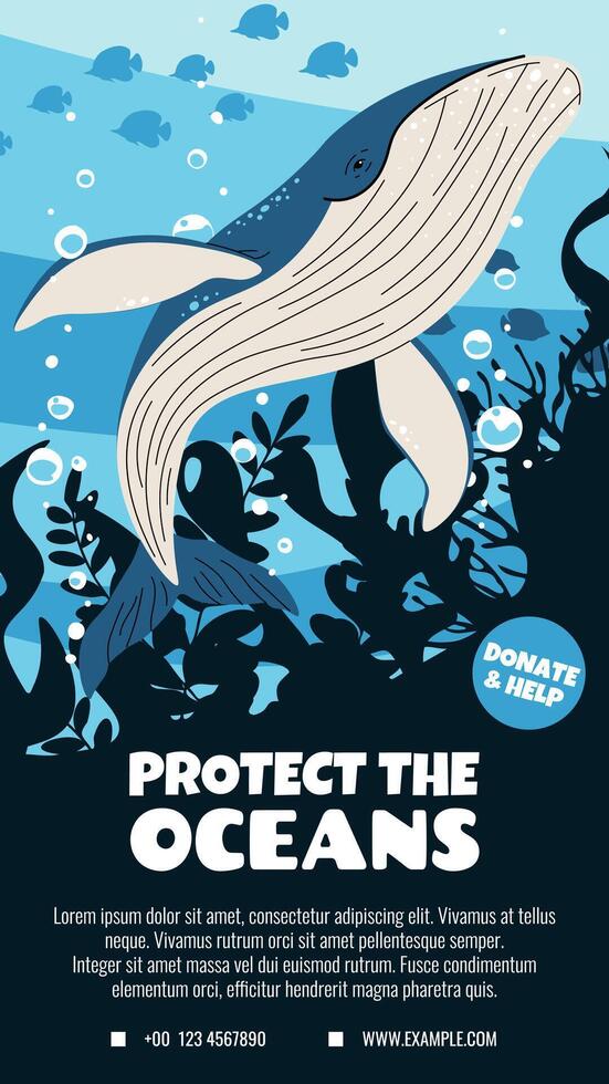 Flat Style Whale Illustration for World Oceans Day. Vertical Social Media Template Supporting Marine Life Protection. Vertical Illustration for Eco Awareness Campaigns. vector