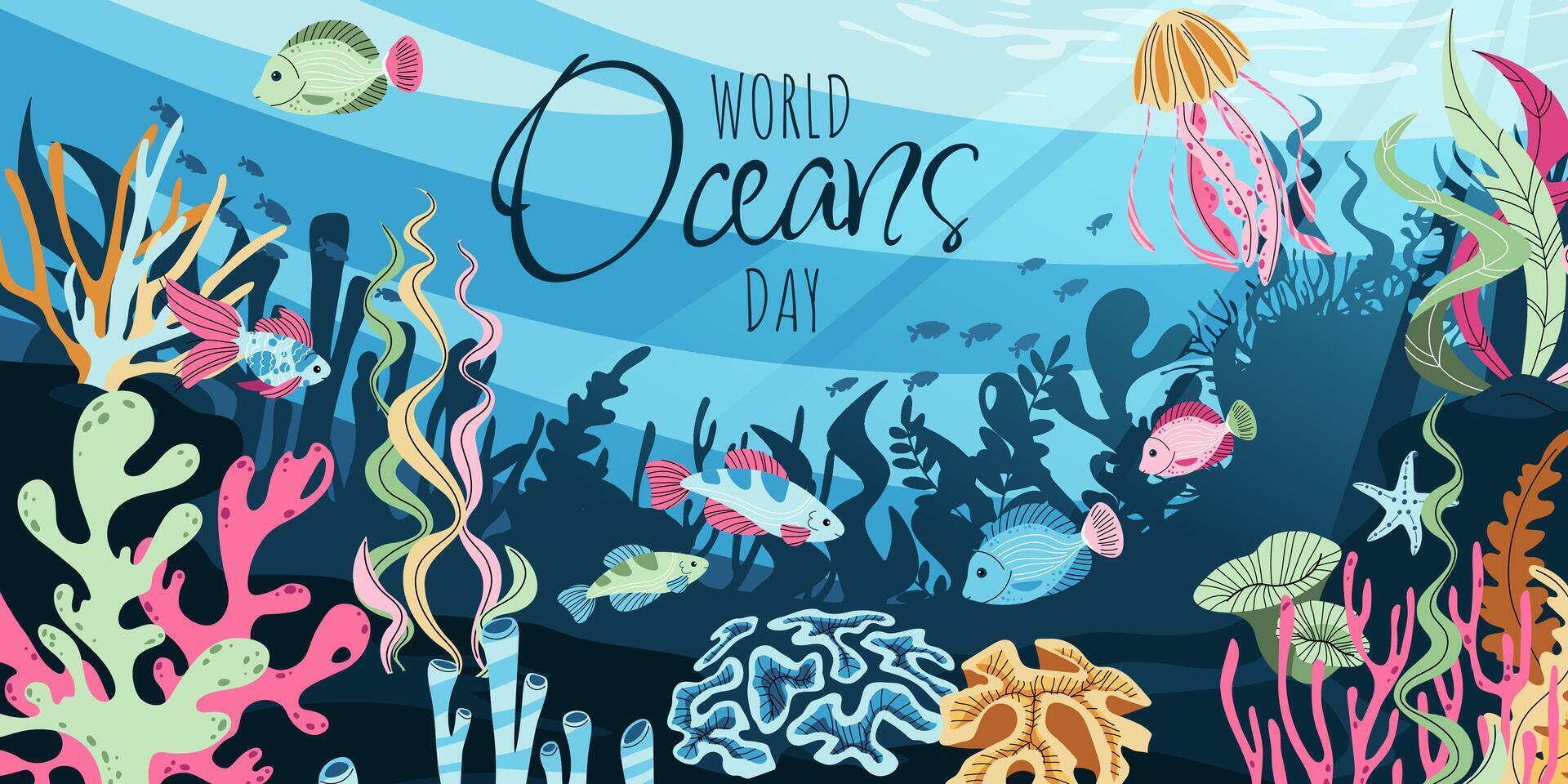 World Ocean Day horizontal Illustration. Banner with tropical fish, seaweed and bubbles. Perfect for marine conservation campaigns social media posts website headers posters and educational materials. vector