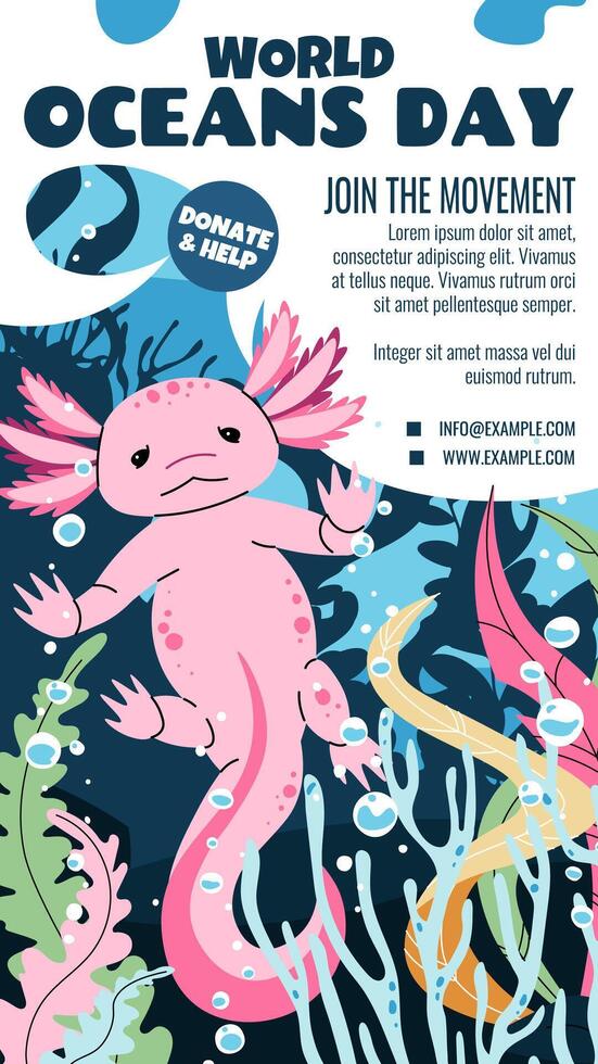 World Oceans Day Flat Design Template. Axolotl with Seaweed Illustration for Social Media Stories. Cute Aquatic Art for Conservation Campaigns and Educational Posts. vector