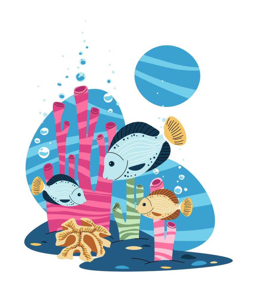 Flat Style Tropical Fish and Aquatic Plants Isolated Illustration. Perfect for Childrens Books, Aquatic Shops Branding and Ocean Conservation Projects vector
