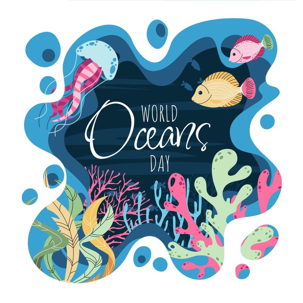 World Oceans Day Square Banner. Flat Design Underwater Scene with Coral Reef, Seaweed, Tropical Fish and Jellyfish. Illustration for Environmental Awareness Campaigns and Social Media vector