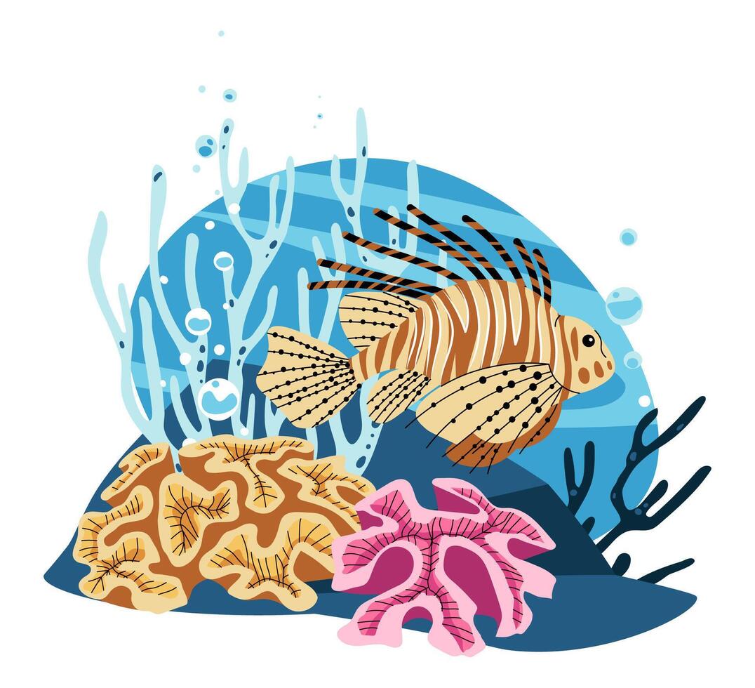 Lionfish in Coral Habitat Isolated on White. Striking Marine Predator Art for Aquatic Shops, Biology Textbooks and Invasive Species Awareness Campaigns. Flat style Illustration. vector