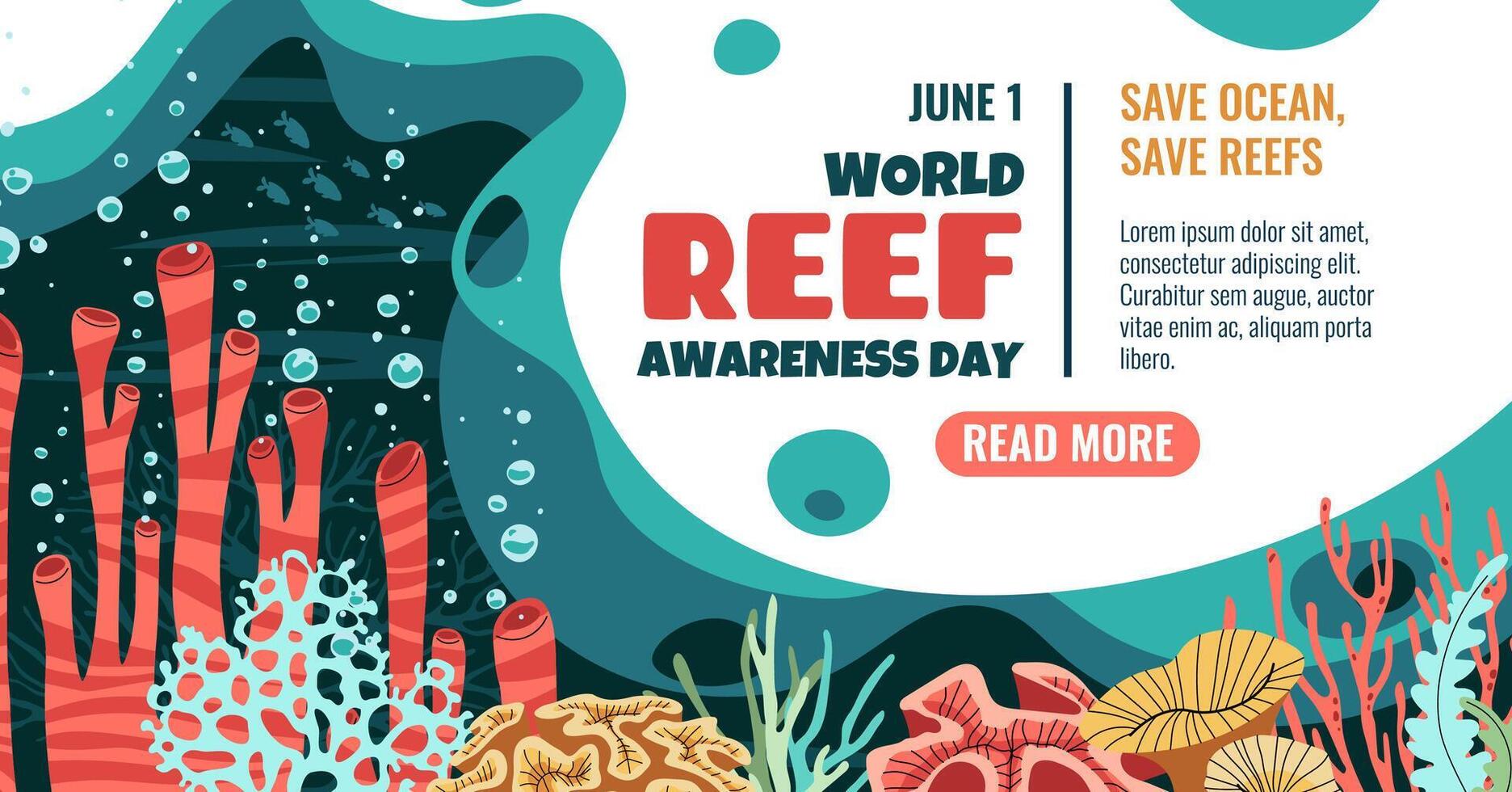 World Reef Day Banner. Coral reef with Seaweed and Bubbles Marine Conservation Theme. Save the Ocean Ecosystem. Bright Illustration for Social Media Posts, Websites and Eco Campaigns. vector