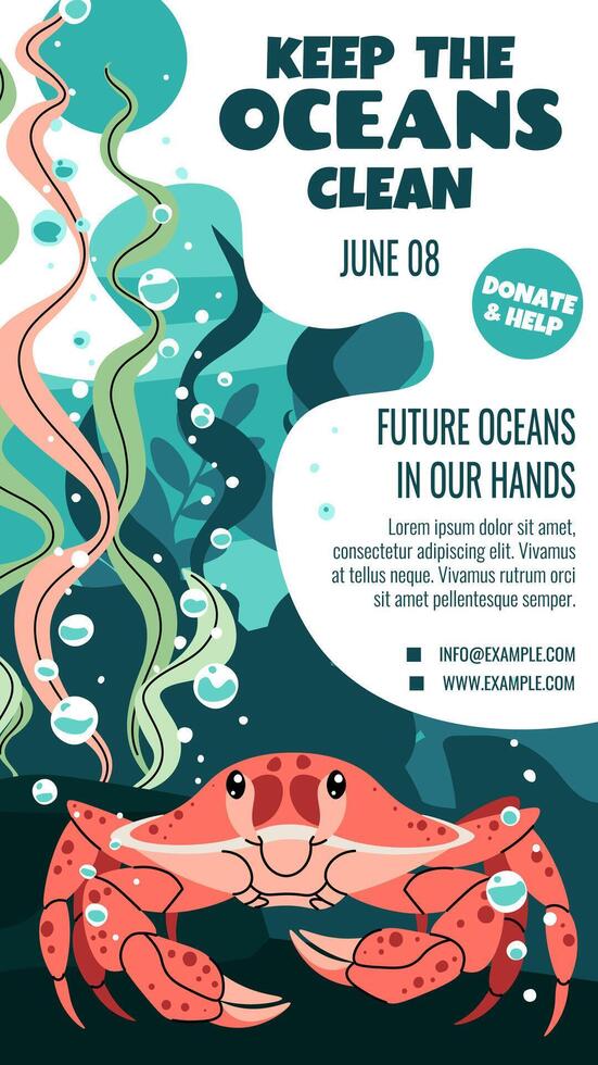 World Oceans Day Story Template. Banner with Crab and Seaweed for Ocean Protection. Support Marine Conservation. Vertical Illustration for Social Media. vector