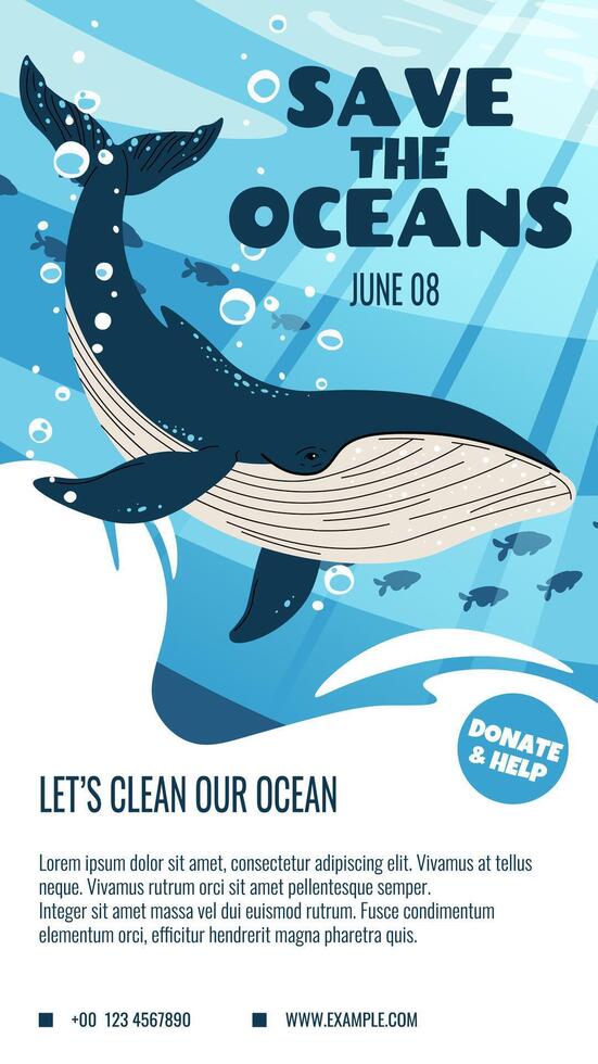 World Oceans Day Story Template Featuring a Whale in Flat Design Style. Perfect for Social Media Stories to Promote Ocean Conservation. Vertical Illustration for Eco Awareness Campaigns. vector