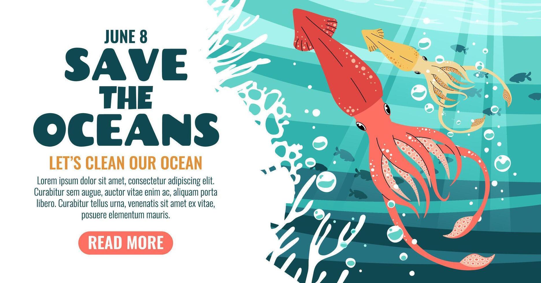 World Oceans Day Banner Featuring a Gliding Squid in the Ocean with Air Bubbles. Marine Life Design for Conservation Awareness on Social Media and Websites. vector