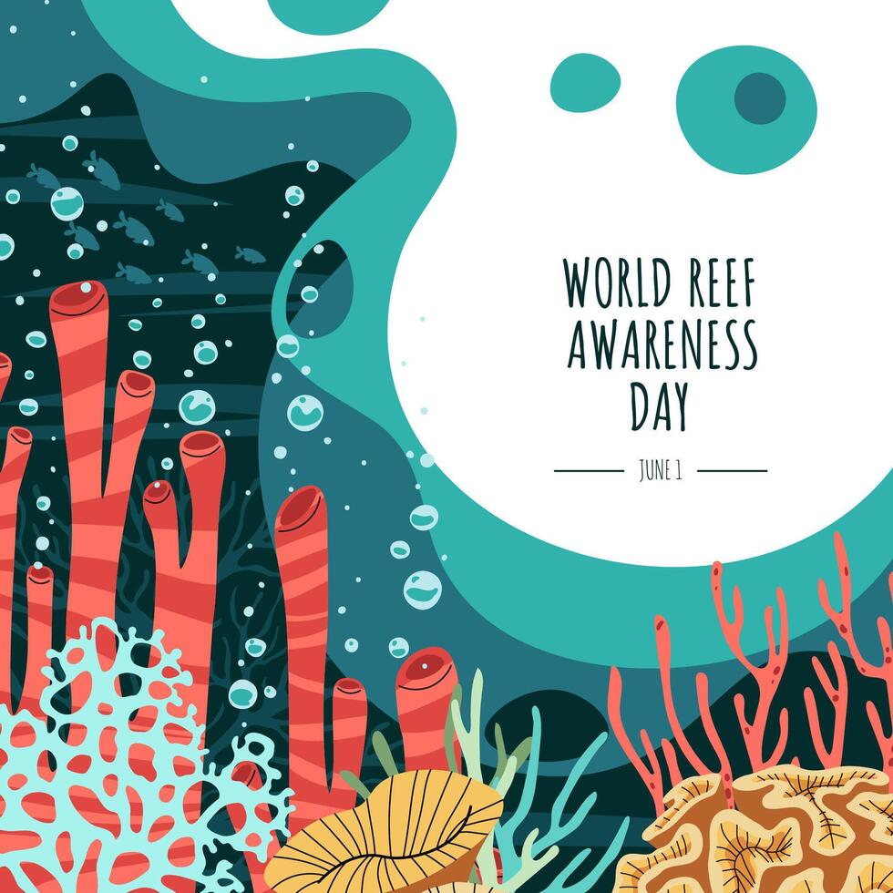World Reef Day Square Banner Featuring Coral Reef Seaweed and Bubbles for Marine Conservation Awareness. Suitable for Environmental Protection Campaigns. Flat Design Illustration. vector