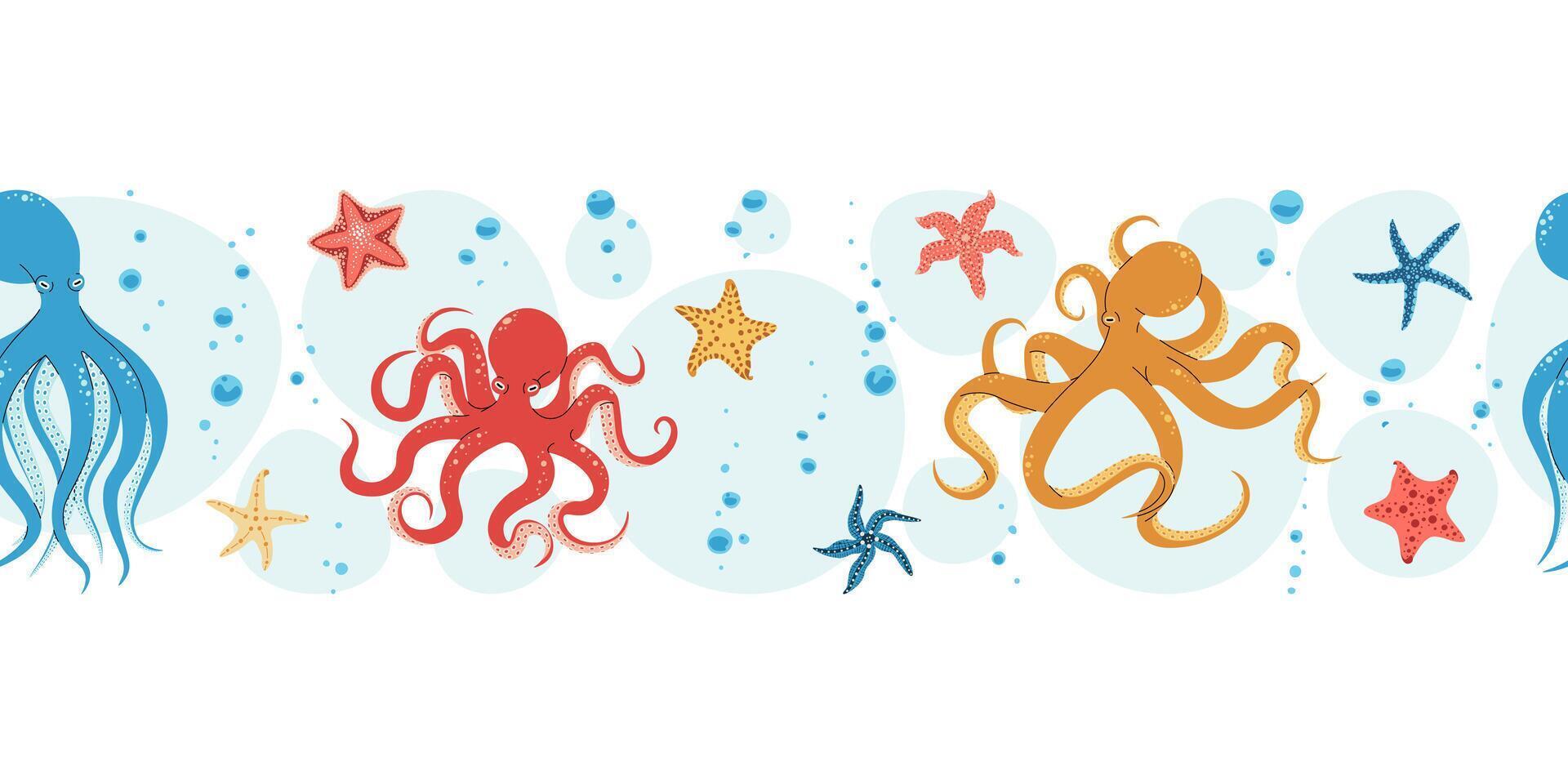 Seamless Horizontal Border with Playful Octopuses, Bubbles and Starfish. Underwater Ocean Pattern for Fabric, Wallpaper and Stationery Design. Repeatable Illustration. vector