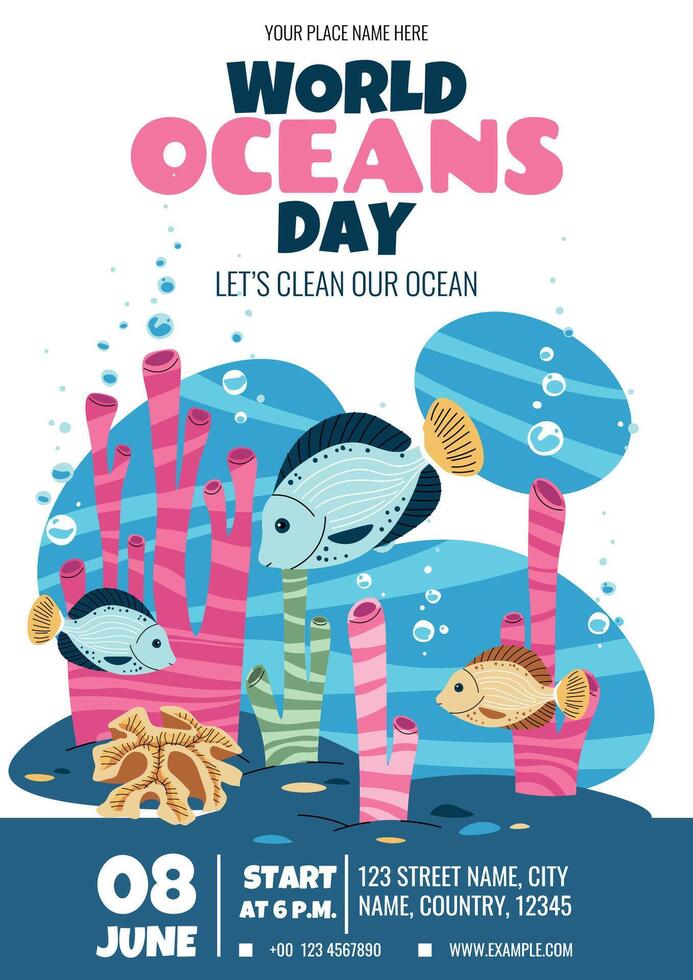 World Oceans Day Flyer. Vibrant Tropical Fish, Coral Reef and seaweeds Design. Poster for beach cleanups and Conservation Events. Invitation Template for Social Media and Print. vector