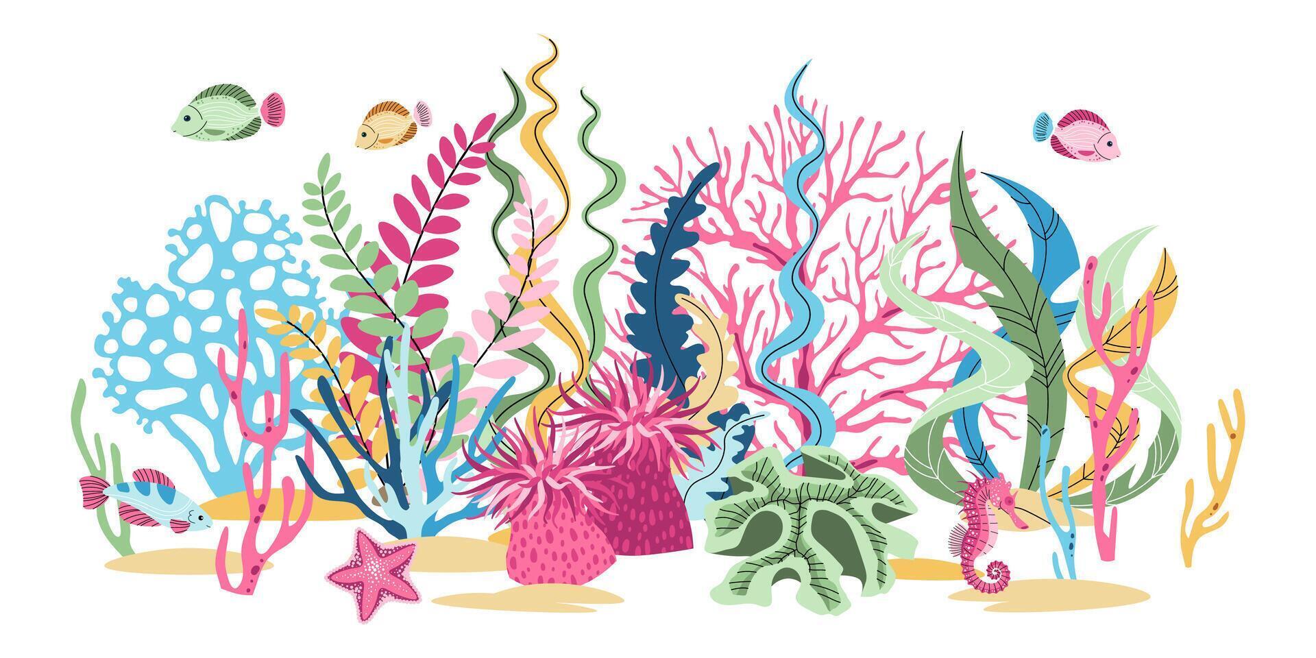 Flat Design Tropical Fish and Coral Reef on White Background. Vibrant Marine Illustration for Stickers, Wall Decor, Eco Products and Social Media Graphics. vector