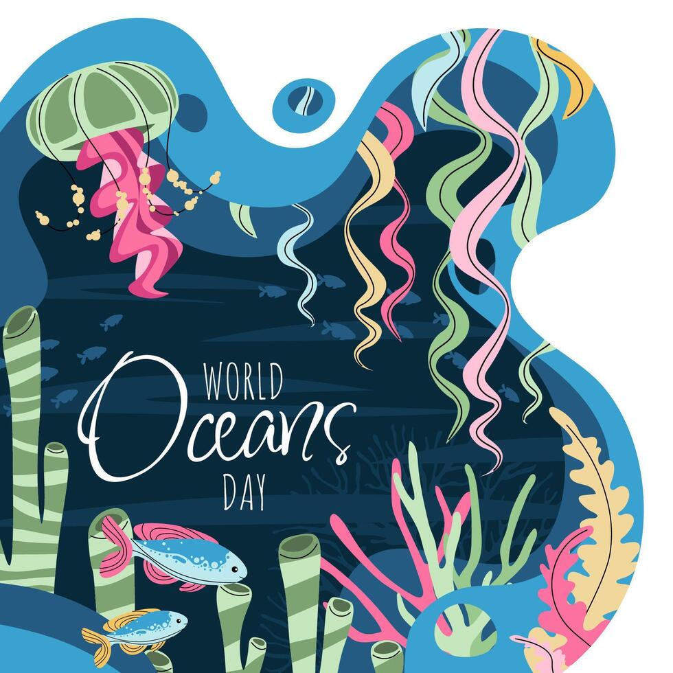 World Oceans Day Square Banner. Flat Design Underwater Scene with Coral Reef, Seaweed, Tropical Fish and Jellyfish. Illustration for Eco Campaigns, Social Media and Educational Materials. vector