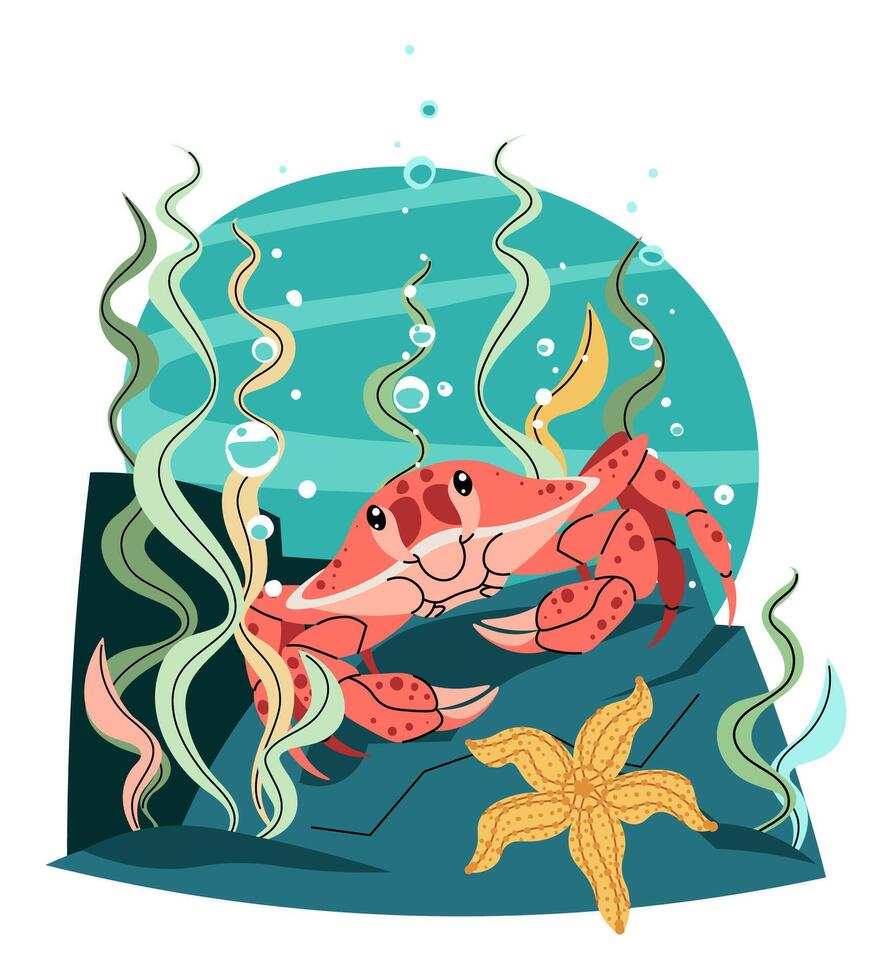 Crab and Seaweed Isolated on White Background. Marine Life Illustration for Ocean Conservation Projects and Educational Materials. Flat Design Style. vector
