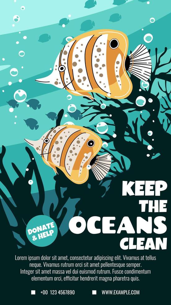 World Oceans Day Story Template Featuring Butterflyfish on Coral Reef to Support Marine Conservation. Vertical Illustration Is Perfect for Social Media Campaigns About Reef Protection. vector