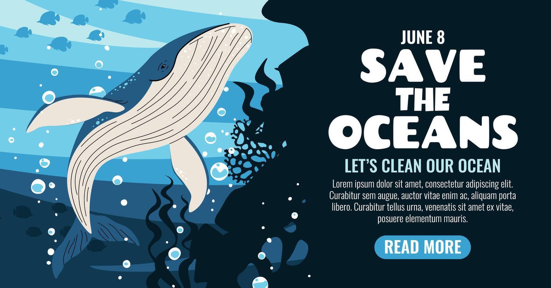World Oceans Day Horizontal Banner. Majestic Whale and Coral Reefs. Protect Our Marine Giants. Conservation Design for Websites, Social Media and Print. vector