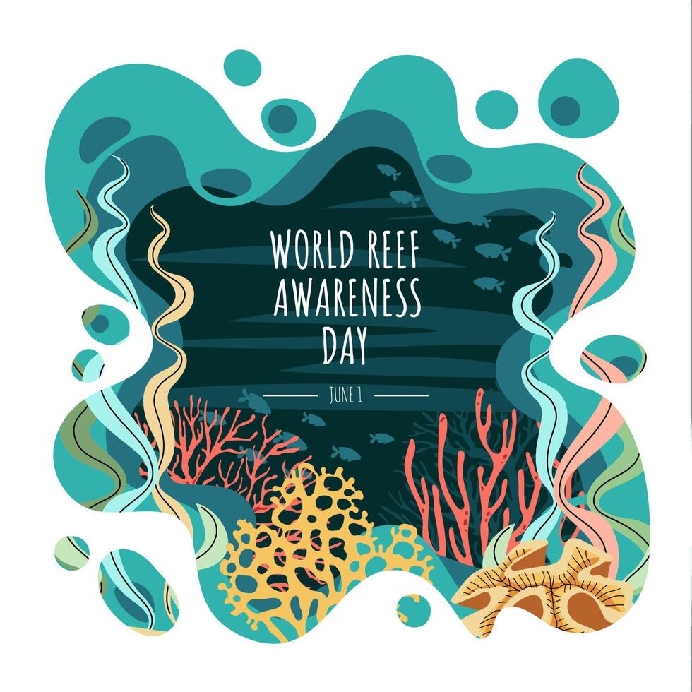 World Reef Day Square Banner. Flat Coral Reef and seaweed Design. Minimalist Marine Conservation Illustration for Social Media, Posters and Eco Campaigns. vector