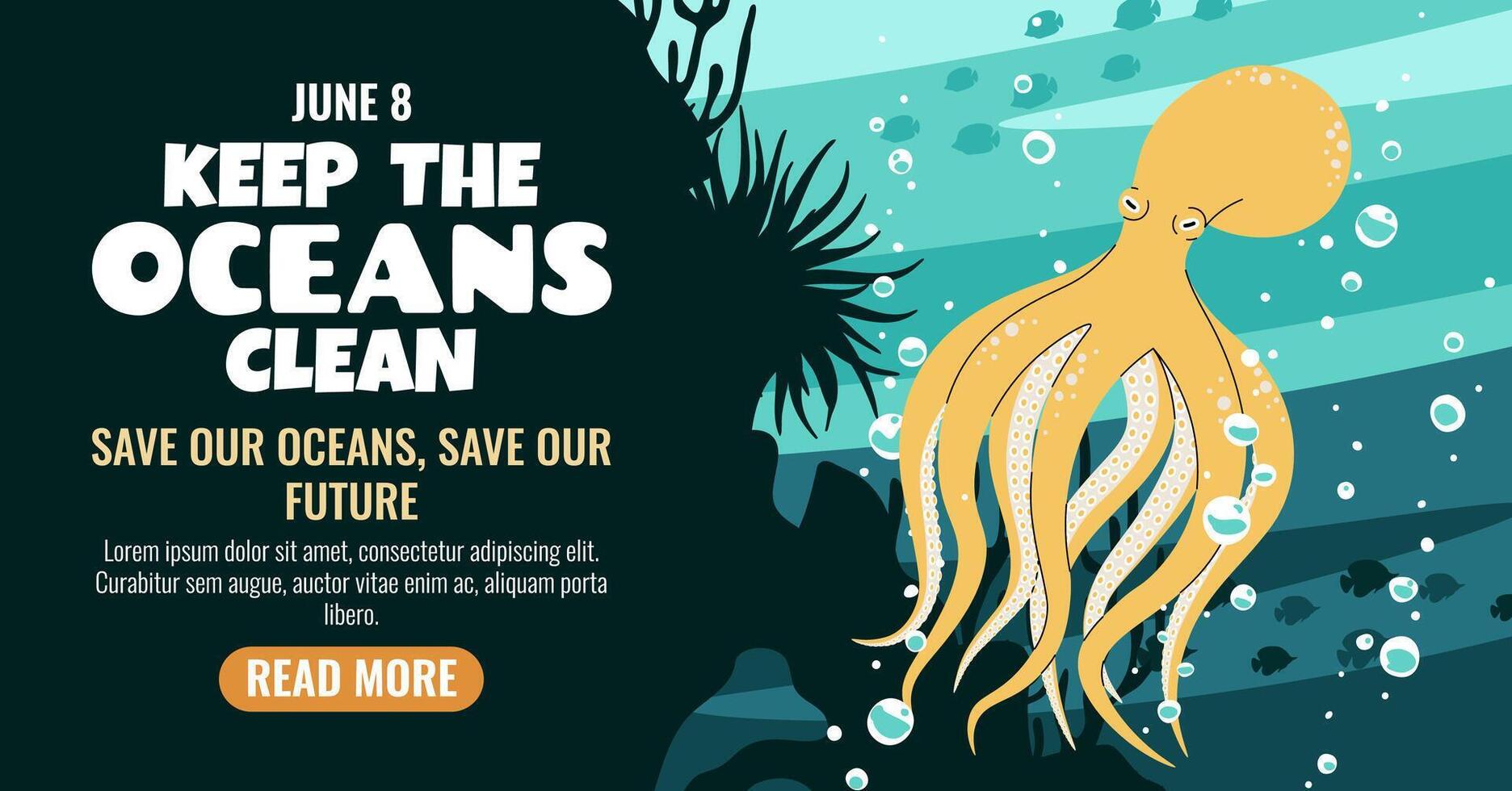 World Oceans Day Horizontal Banner Featuring an Octopus and Coral Reef to Support Marine Protection. Perfect for Environmental Initiatives and Ocean Conservation Awareness. vector