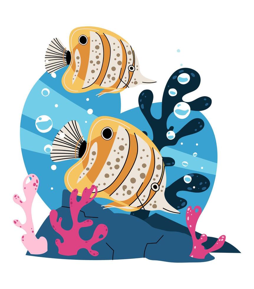 Tropical Butterflyfish Isolated on White Background with Coral Reef Elements. Marine Life Illustration for Conservation Projects, Educational Materials and Aquarium Decor. Art. vector