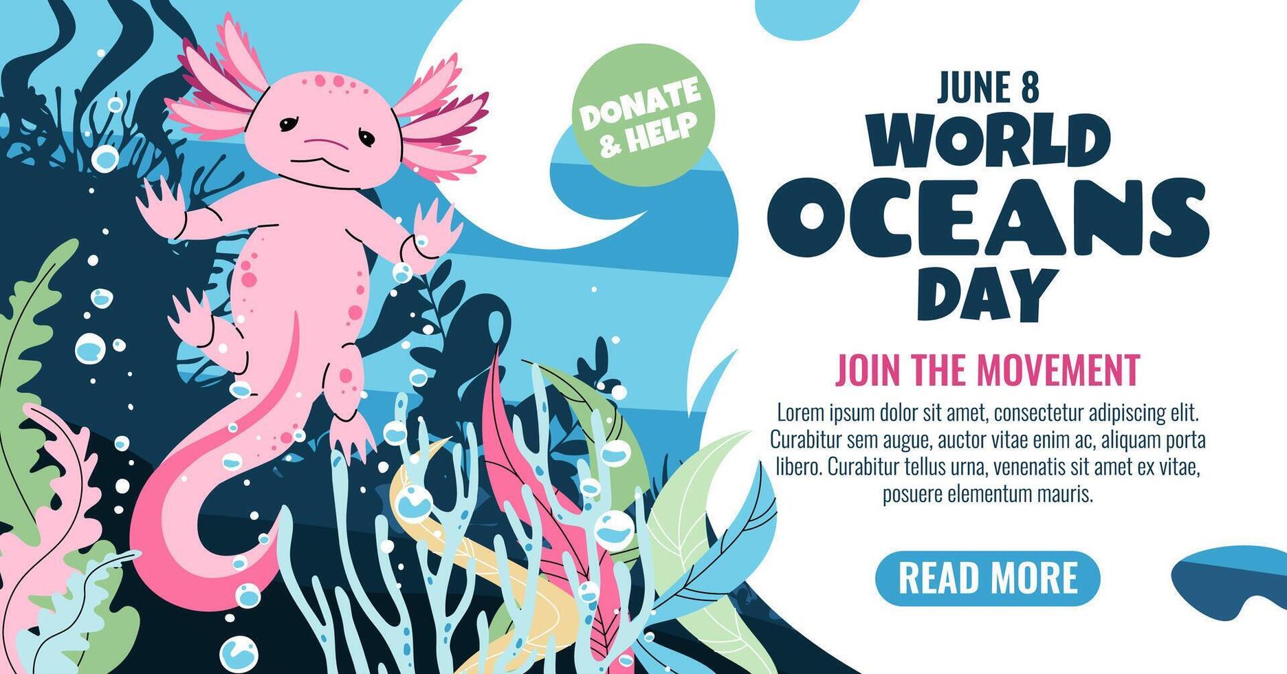 World Oceans Day Horizontal Banner Featuring an Axolotl and Seaweed in Flat Design Style. Promote Freshwater Conservation and Aquatic Biodiversity Awareness. Illustration. vector