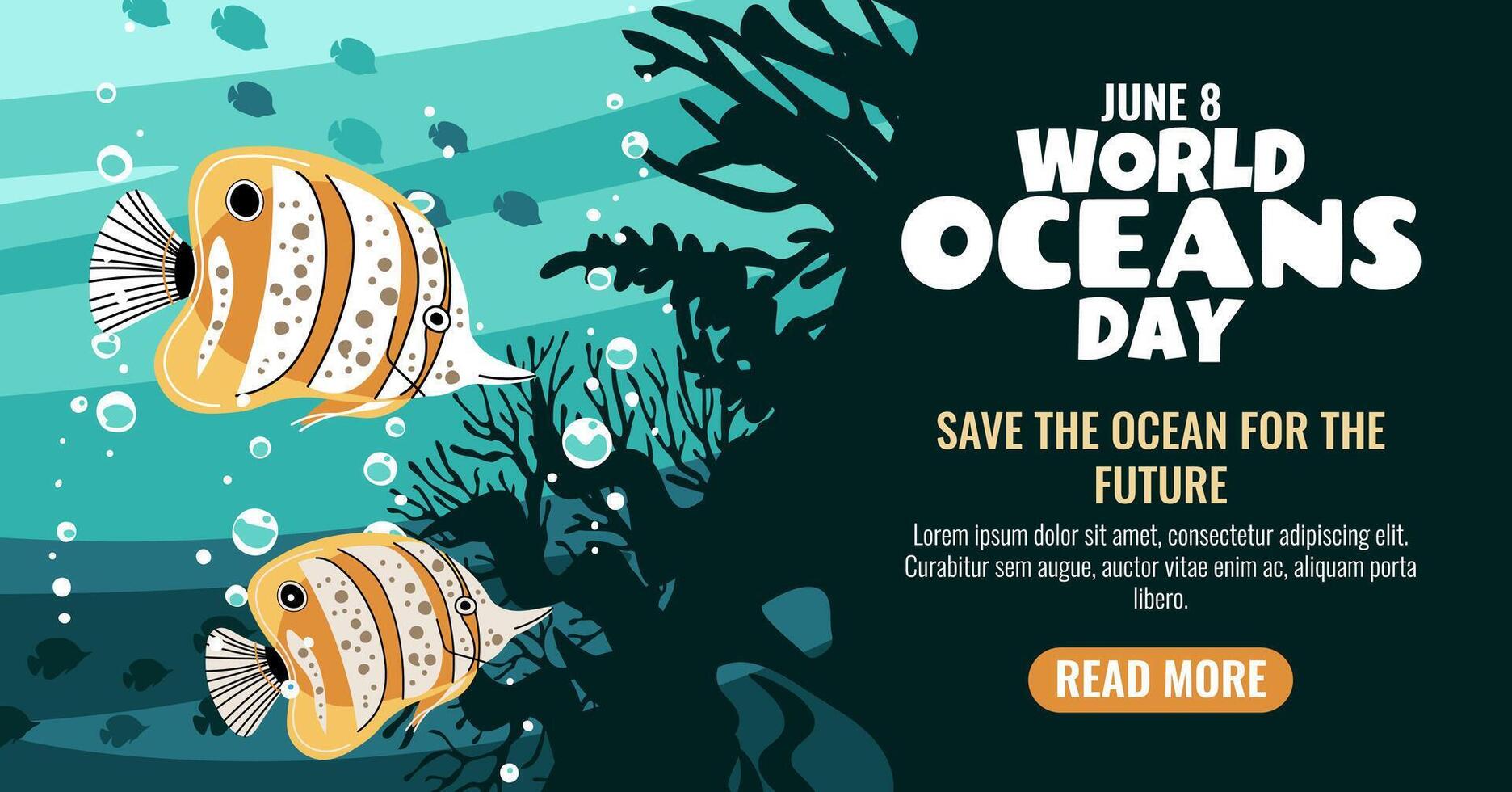 World Oceans Day Horizontal Banner Featuring Butterflyfish and Coral Reef. Celebrate Marine Biodiversity and Support Reef Conservation Efforts. Vibrant Illustration. vector