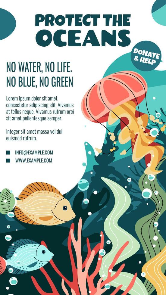 World Oceans Day Story Template. Banner with jellyfish, tropical fish and Seaweed for Ocean Protection. Support Marine Conservation. Vertical Illustration for Social Media vector