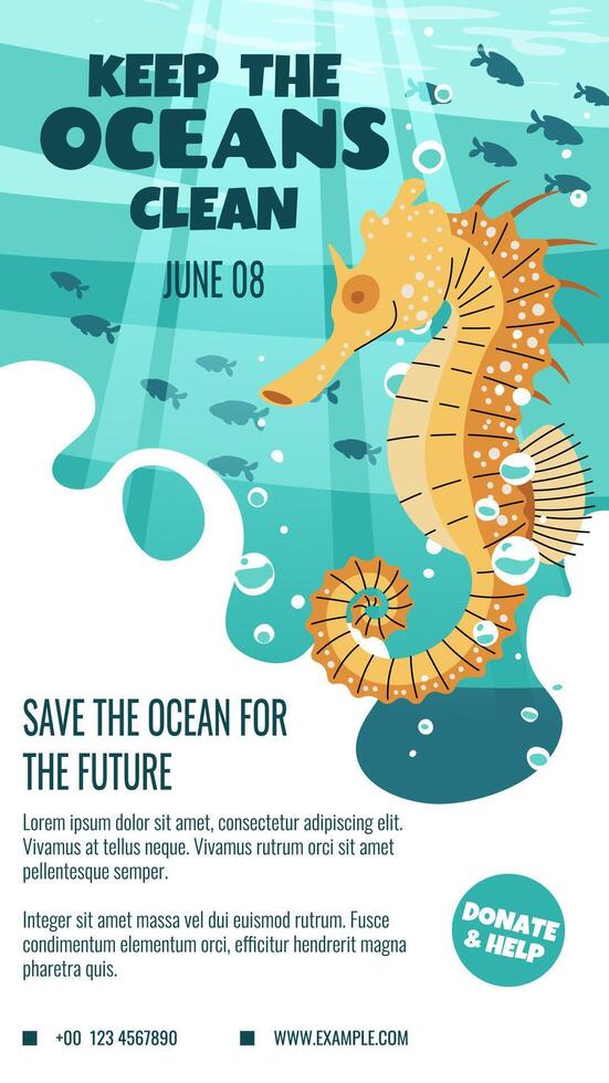 World Oceans Day Story Template. Banner with Sea Horse Design for Social Media. Help Protect Our Oceans. Vertical Illustration for Eco Campaigns vector