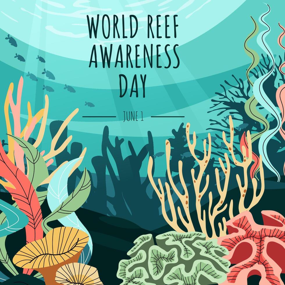 World Reef Day Square Banner. Flat Coral Reef Illustration. Minimalist Marine Background for Eco Campaigns, Social Media and Print. Design vector
