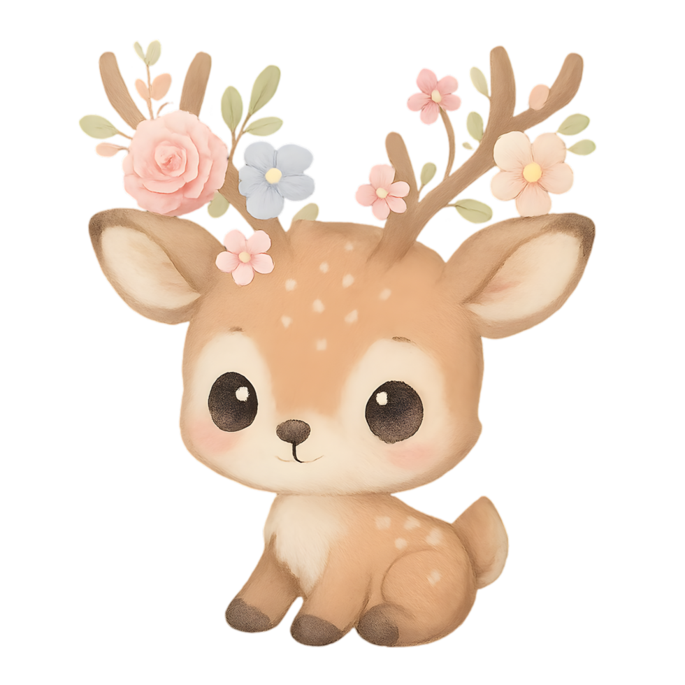 Cute cartoon chibi animal deer with floral antlers transparent background charming forest scene whimsical design png