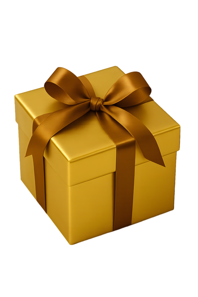 Golden gift box with bow isolated object on high resolution photorealistic design png