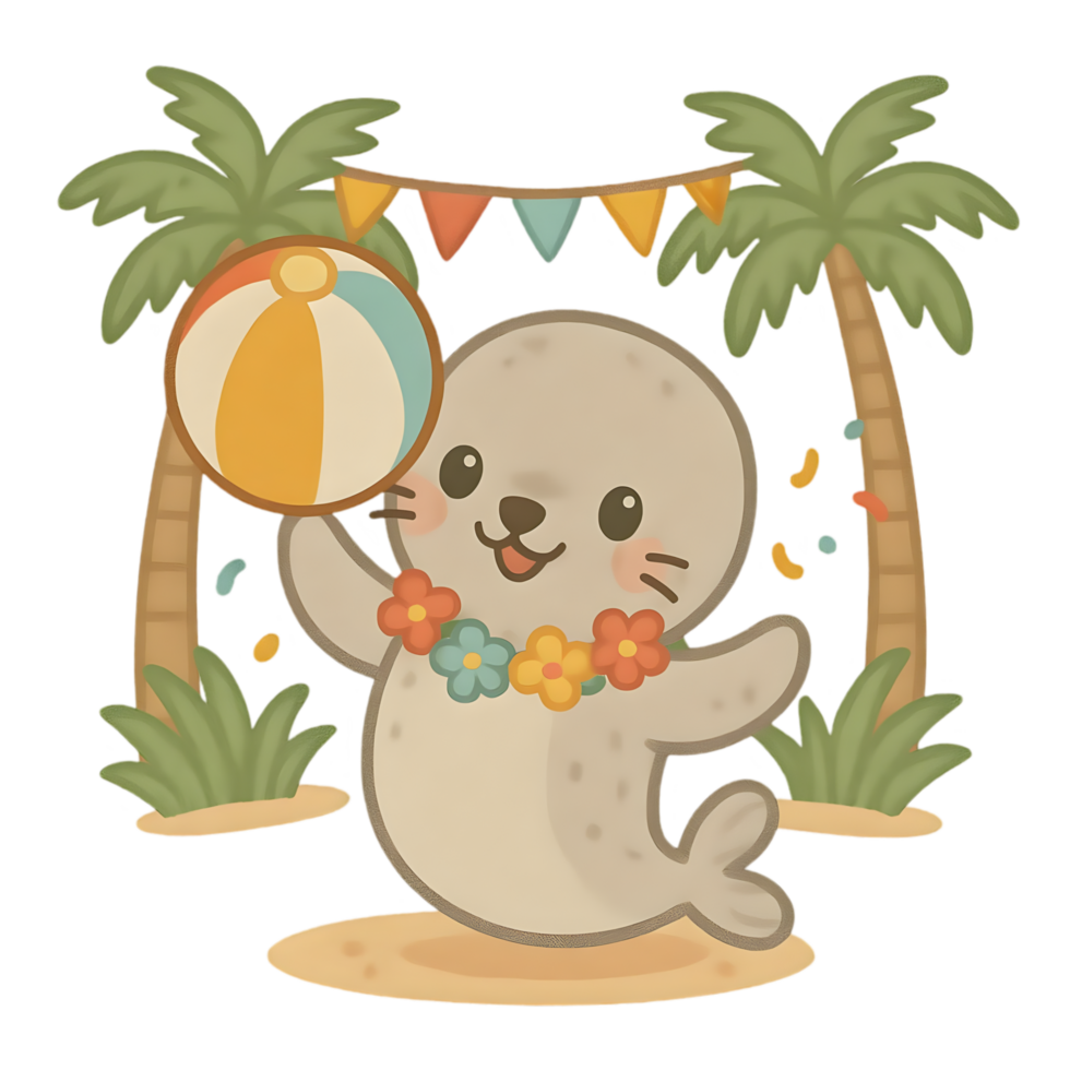 Cute cartoon seal playing with a beach ball under palm trees chibi animal theme transparent background for fun visuals png