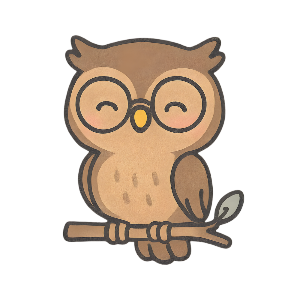 Cute cartoon owl sitting on a branch chibi animal style transparent background whimsical charm png