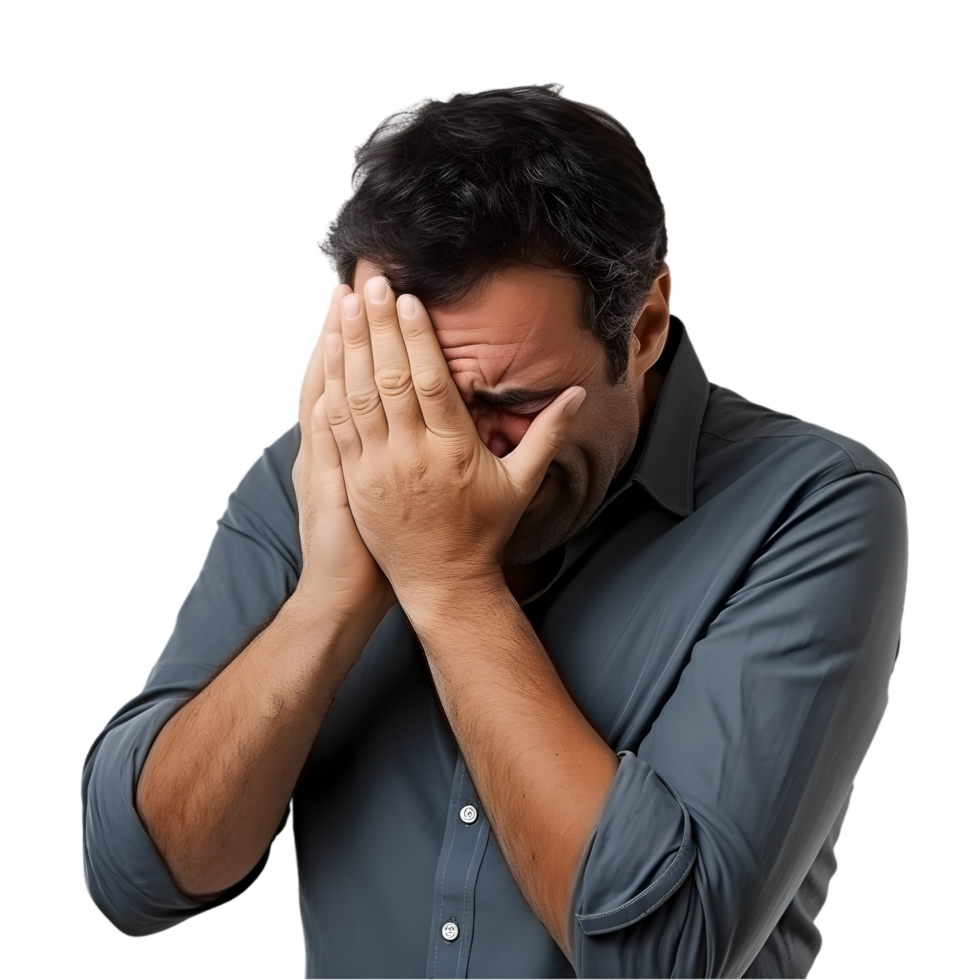 Frustrated man facepalming at work office realistic photo indoor close-up emotion png