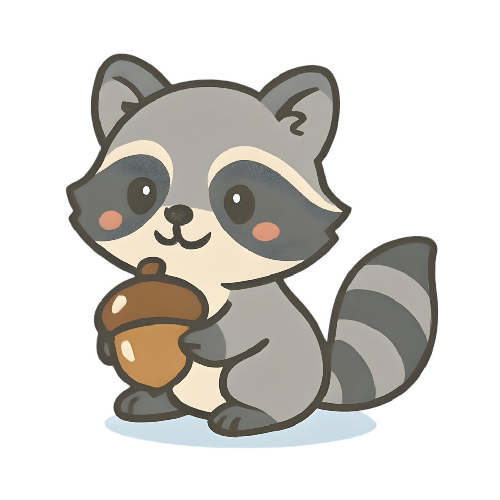 Cute cartoon animal raccoon holding acorn transparent background chibi style fun environment adorable concept for kids png
