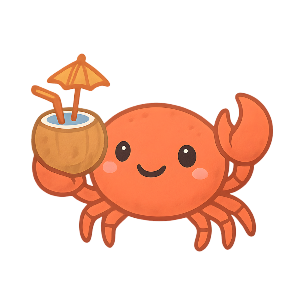 Cute cartoon crab holding drink beach setting chibi animal art fun transparent background playful concept png
