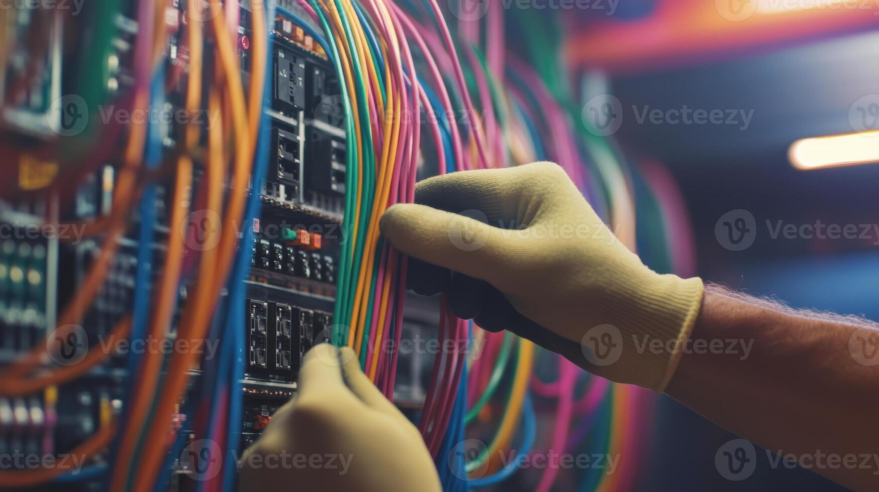 Skilled technician with gloves managing colorful network cables in a data center server room for efficient and secure connectivity. Adjustment electrical panel photo