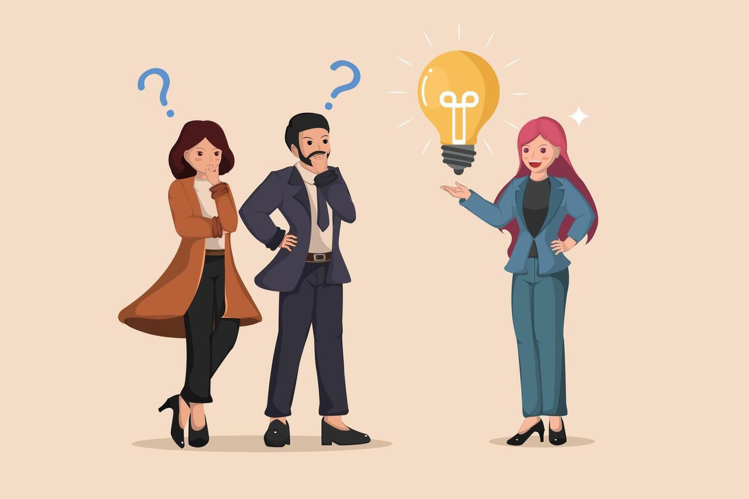 Business Solution Concept with Businesswoman Presenting Bright Idea to Confused Colleagues Cartoon Illustration. vector