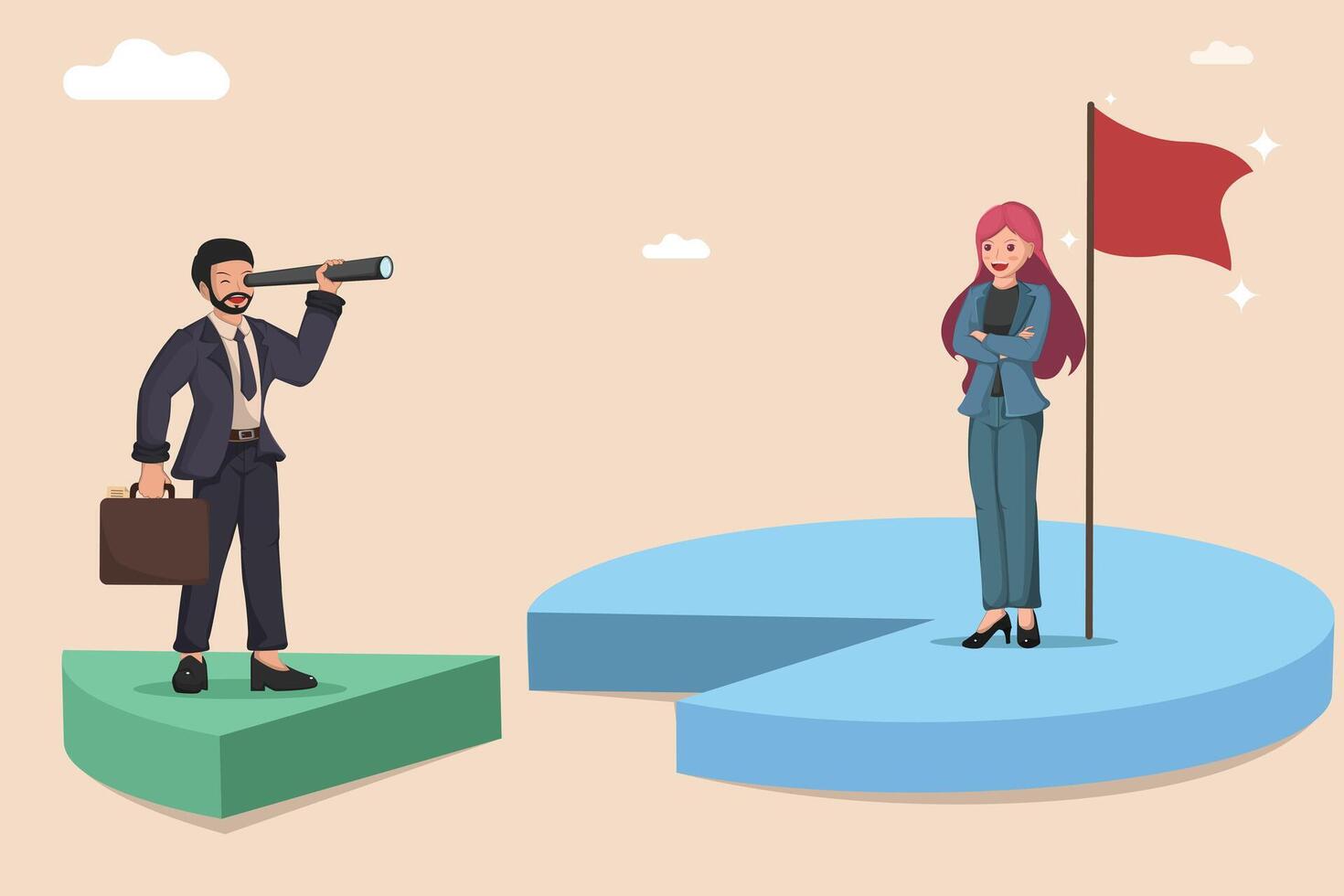 Businessman Looking Through Telescope Towards Businesswoman on Pie Chart with Success Flag Vision and Goal Achievement Concept. vector
