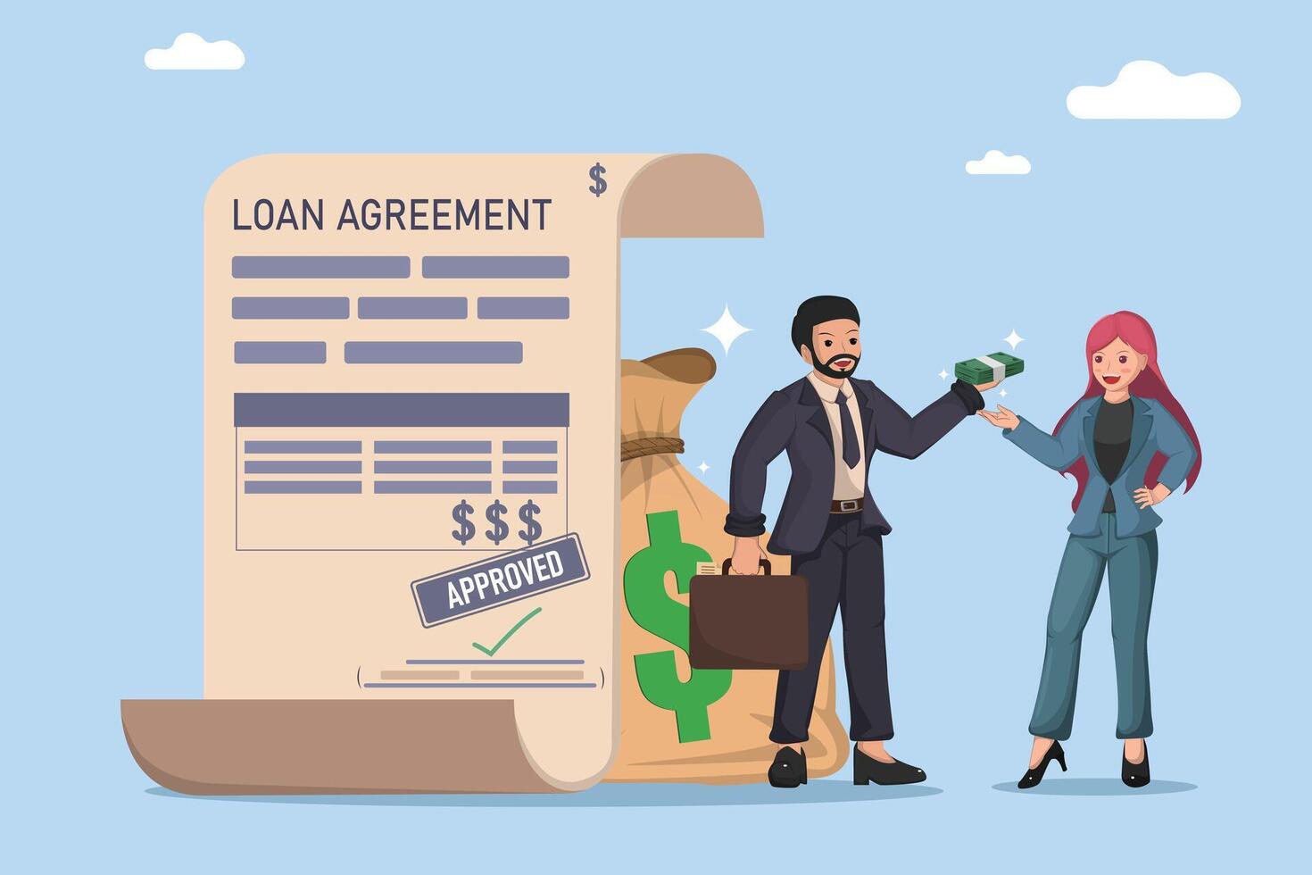 Approved Loan Agreement for Financial Assistance and Investment, Featuring Successful Transaction Between Lender and Borrower. vector