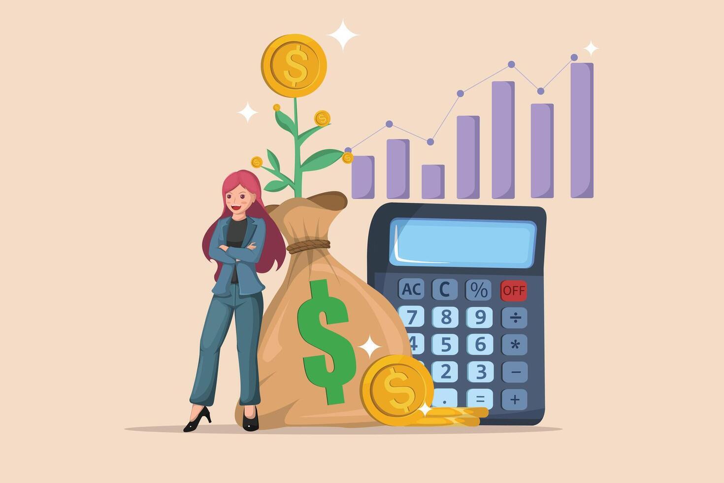 Financial success illustrated with a woman, calculator, money bag, and a growth chart. vector