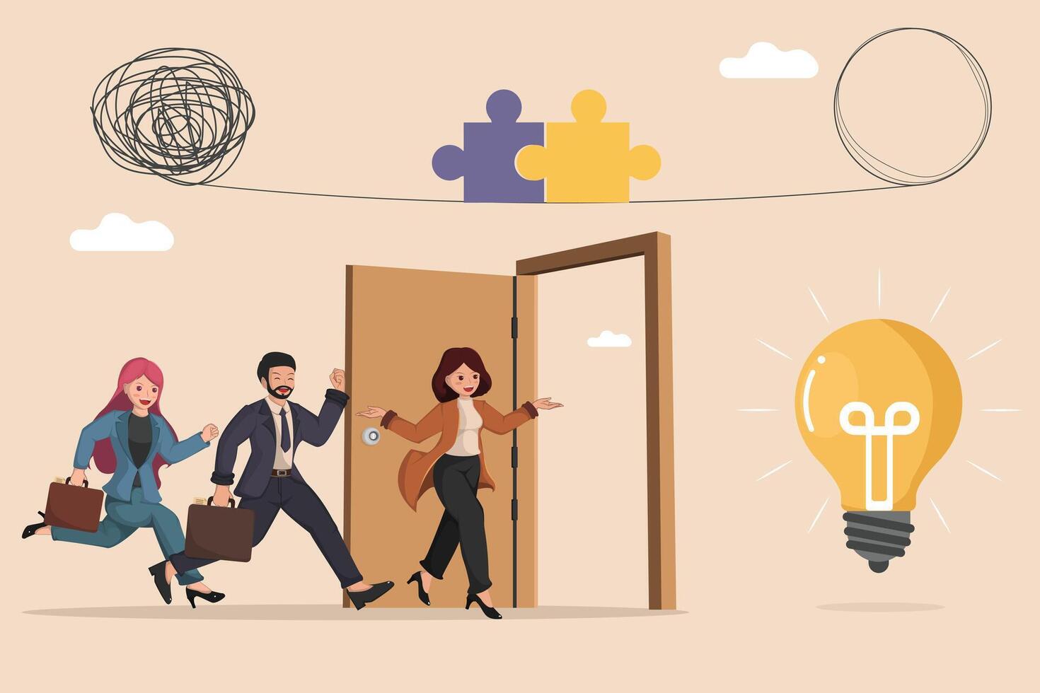 Illustration the Journey from Complexity and Problem Solving to a Bright Idea and New Opportunities. vector