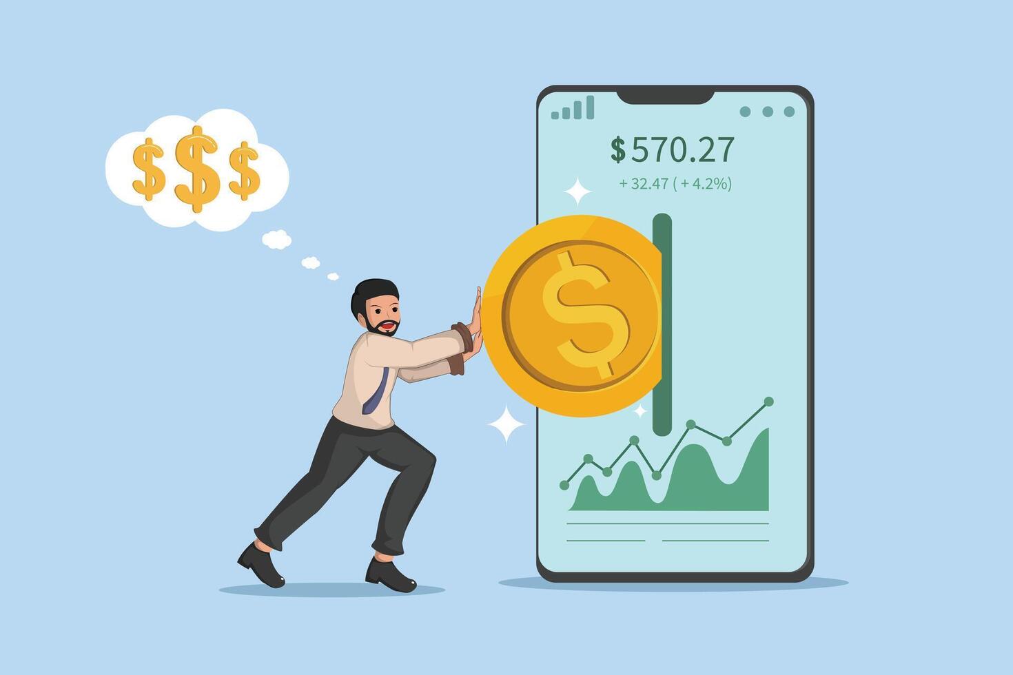 Businessman Pushing Coin Toward Smartphone Screen with Investment Growth Chart. vector