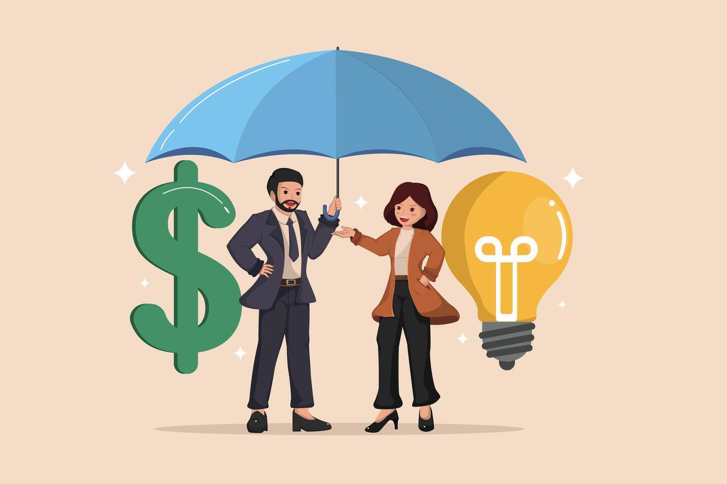 Business Partnership Protection Concept with Dollar Sign, Light Bulb, and Umbrella Covering Two Professionals. vector