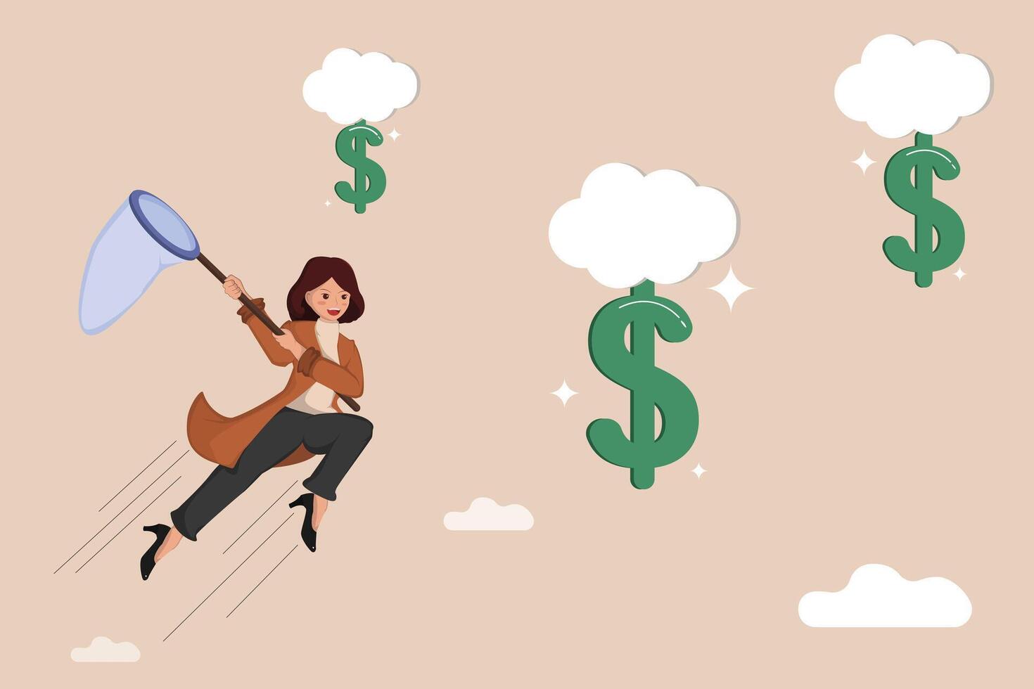 Businesswoman Jumping in the Air with a Net Chasing Floating Dollar Symbols in the Sky Financial Success Concept Illustration. vector