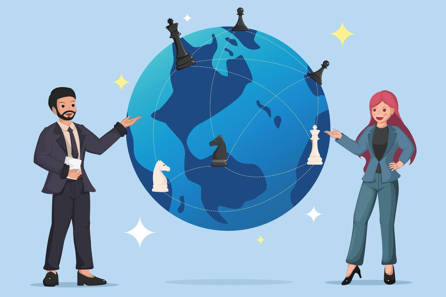 Business strategy and leadership concept with chess pieces on a globe, illustrating global competition. vector
