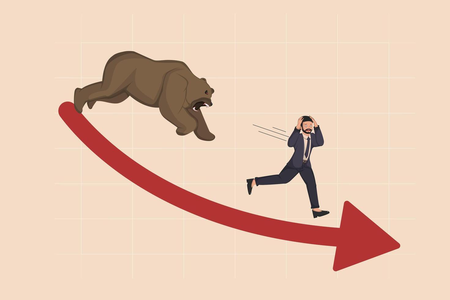 Recession and Market Crash Businessman Fleeing from a Bear on a Downward Graph, Illustrating Economic Panic and Financial Crisis. vector