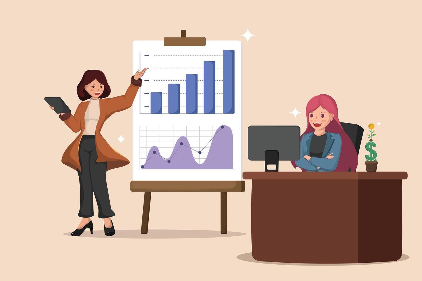 Businesswoman presenting positive financial growth with bar and line charts. vector