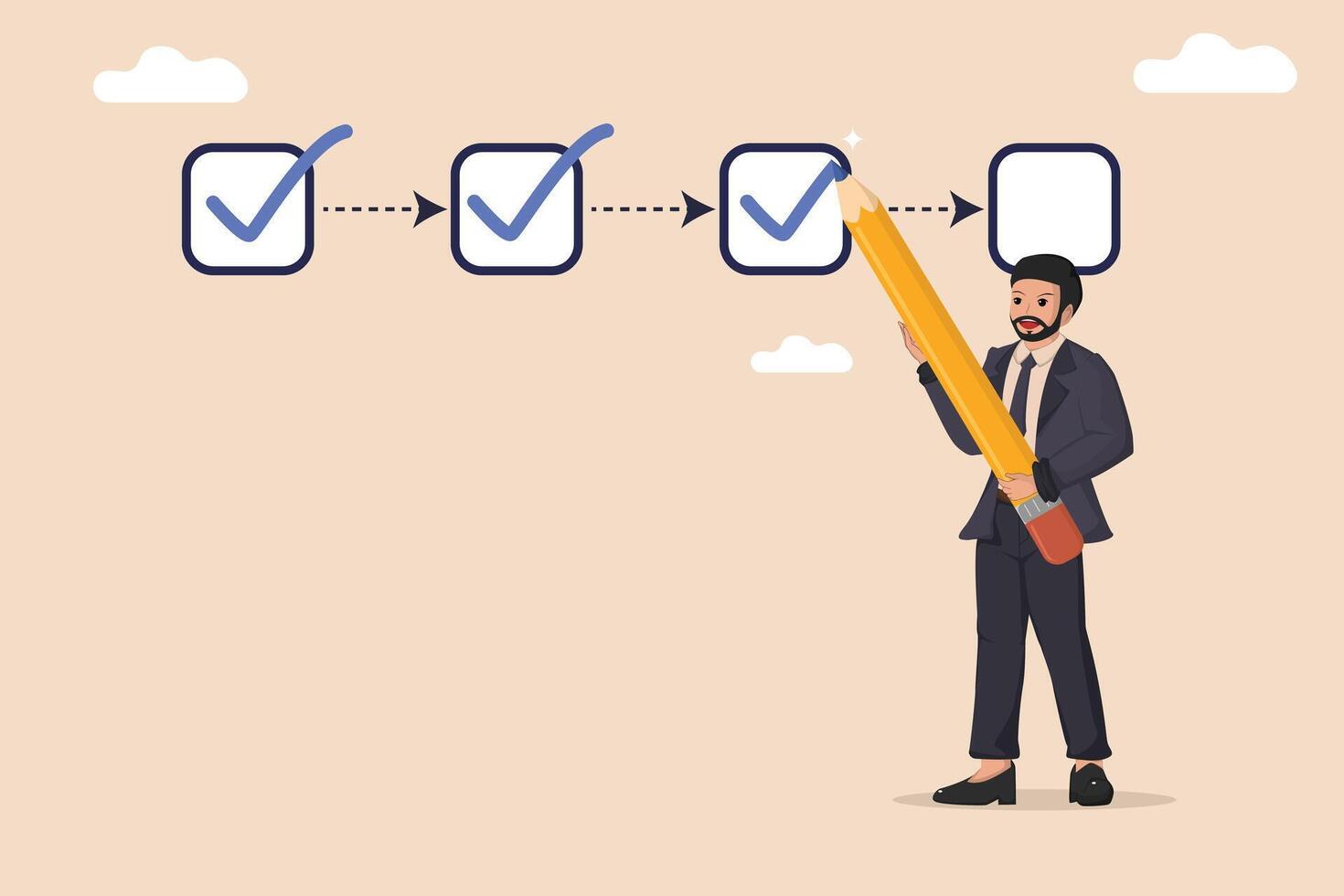 Project Tracking Progress Businessman with Oversized Pencil Marking Completed Tasks on a Linear Checklist with Boxes. vector
